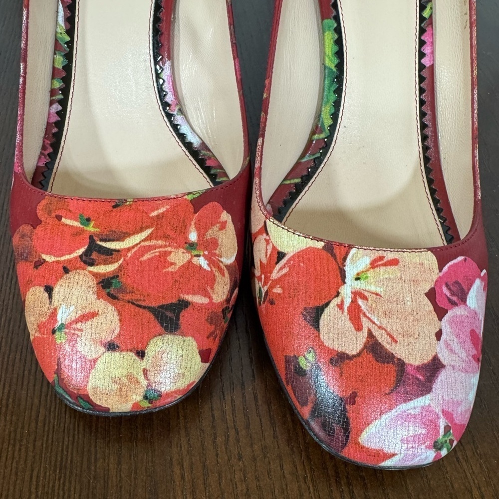 GUCCI BLOOM women’s Napa leather Red Floral 3” Heels Round Toe in size 37.5 - Picture 15 of 17